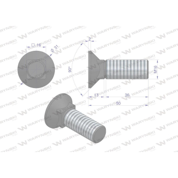 Śruba kpl. płużna podsadzana D 608 M16x50 mm kl.10.9 Waryński-92504