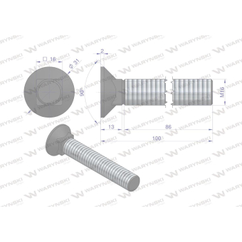 Śruba kpl. płużna podsadzana D 608 M16x100 mm kl.10.9 Waryński-92529