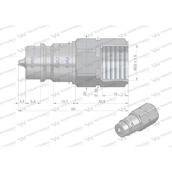 Szybkozłącze hydrauliczne wtyczka z eliminatorem ciśnienia M22x1.5 gwint wew. EURO (ISO 7241-A) Waryński-93040