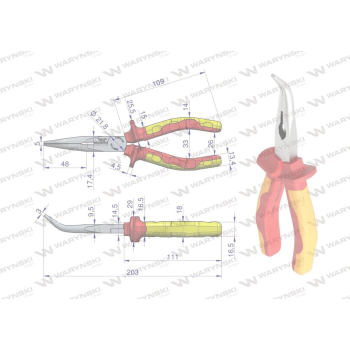Szczypce izolowane, wydłużone wygięte 200 mm.  VDE. Waryński-94305