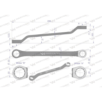 Klucz oczkowy odsadzony 19 x 22 mm. CrV standard ASME B107.9 Waryński-94884