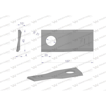 Nóż. nożyk kosiarka prawy 107x46x4mm otwór 21 WARYŃSKI-95785