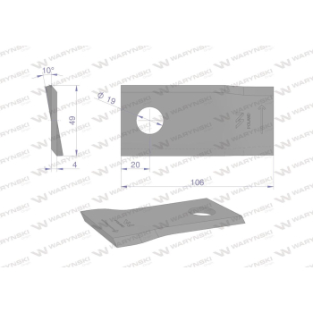 Nóż. nożyk kosiarka lewy 106x48x4mm otwór 19 zastosowanie 570445 Niemeyer WARYŃSKI-95886