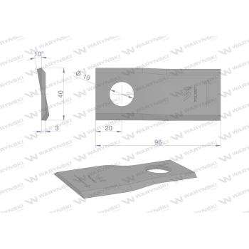 Nóż. nożyk kosiarka lewy 96x40x3mm otwór 19 zastosowanie 16502727 Deutz Fahr Kverneland WARYŃSKI-95924