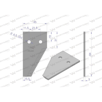 Nóż żniwny końcowy 84x45x3mm otwór 6.5 19 zębów zastosowanie 6112041 6112031 Claas WARYŃSKI-96084