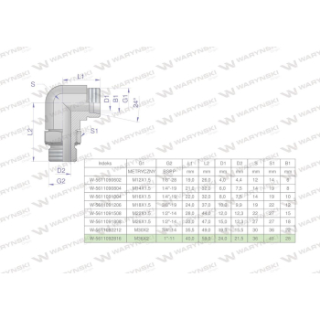 Kolanko hydrauliczne nastawne BB M36x2 28L x 1"BSP z regulacją Waryński